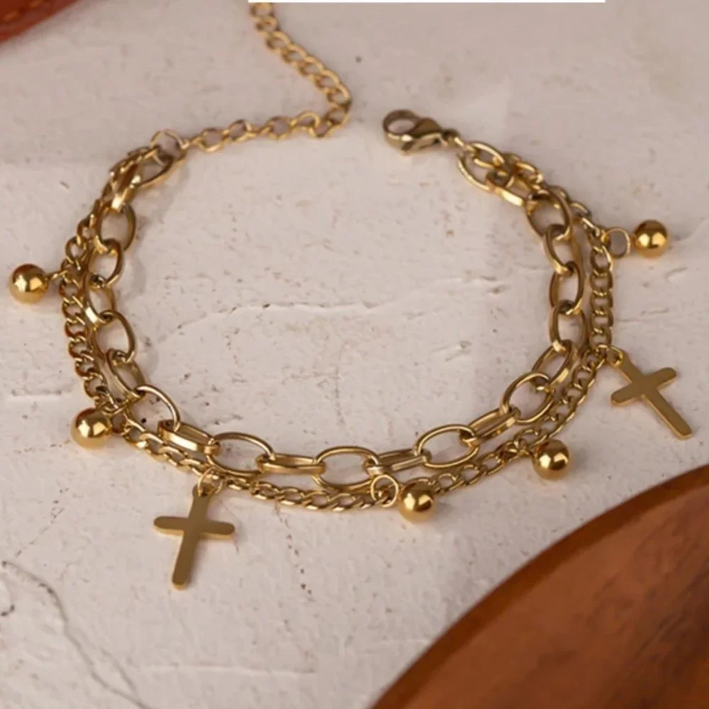 NEW 18K Gold Plated Cross Bead Link Chain Double Layer Bracelet